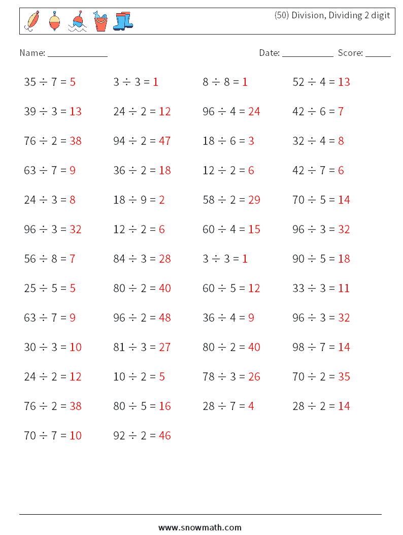 (50) Division, Dividing 2 digit Math Worksheets 7 Question, Answer