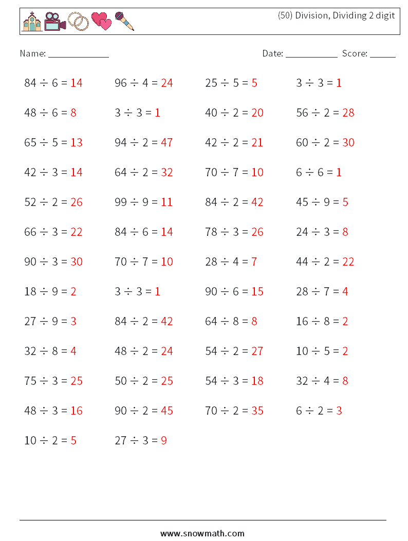 (50) Division, Dividing 2 digit Math Worksheets 9 Question, Answer