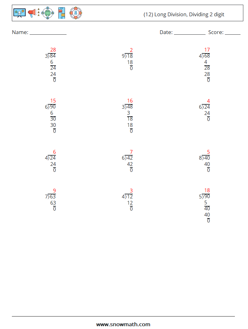 (12) Long Division, Dividing 2 digit Math Worksheets 12 Question, Answer