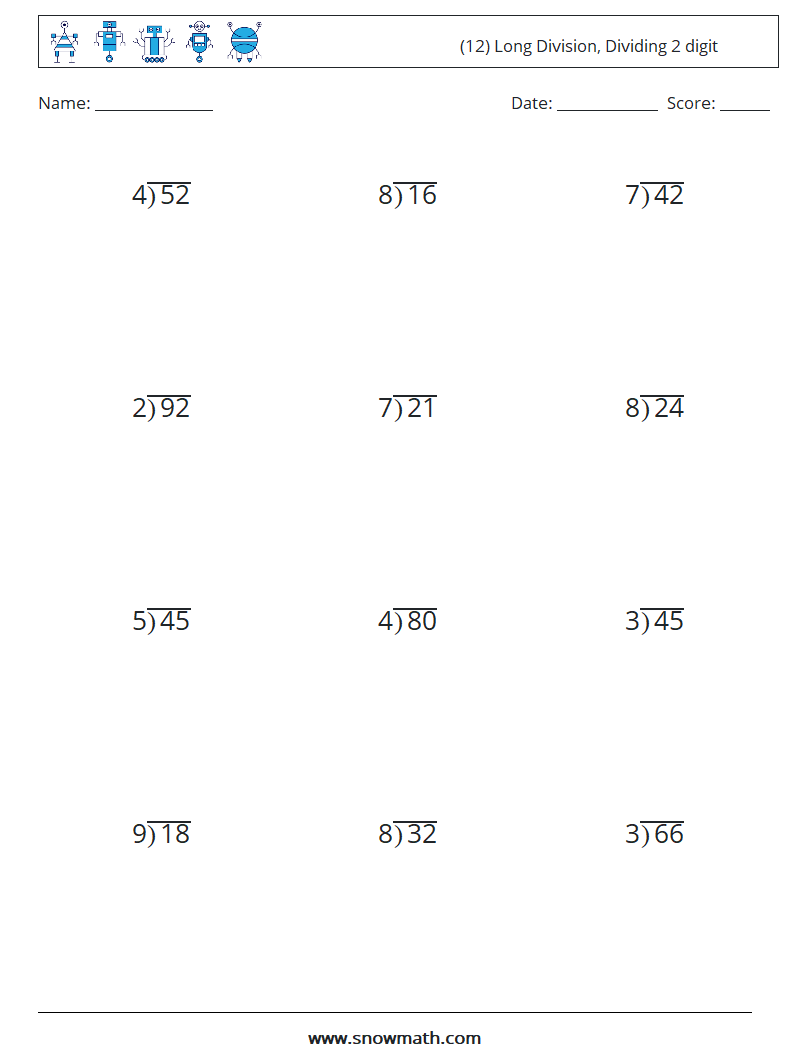 (12) Long Division, Dividing 2 digit Math Worksheets 13