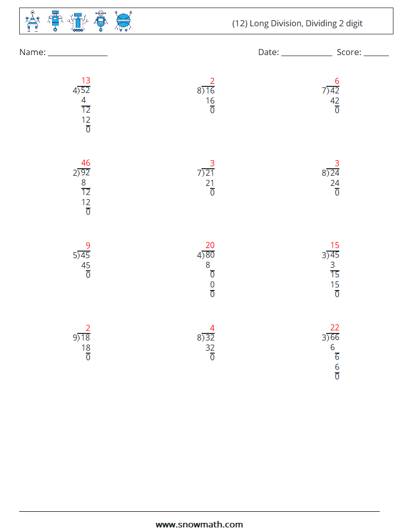 (12) Long Division, Dividing 2 digit Math Worksheets 13 Question, Answer