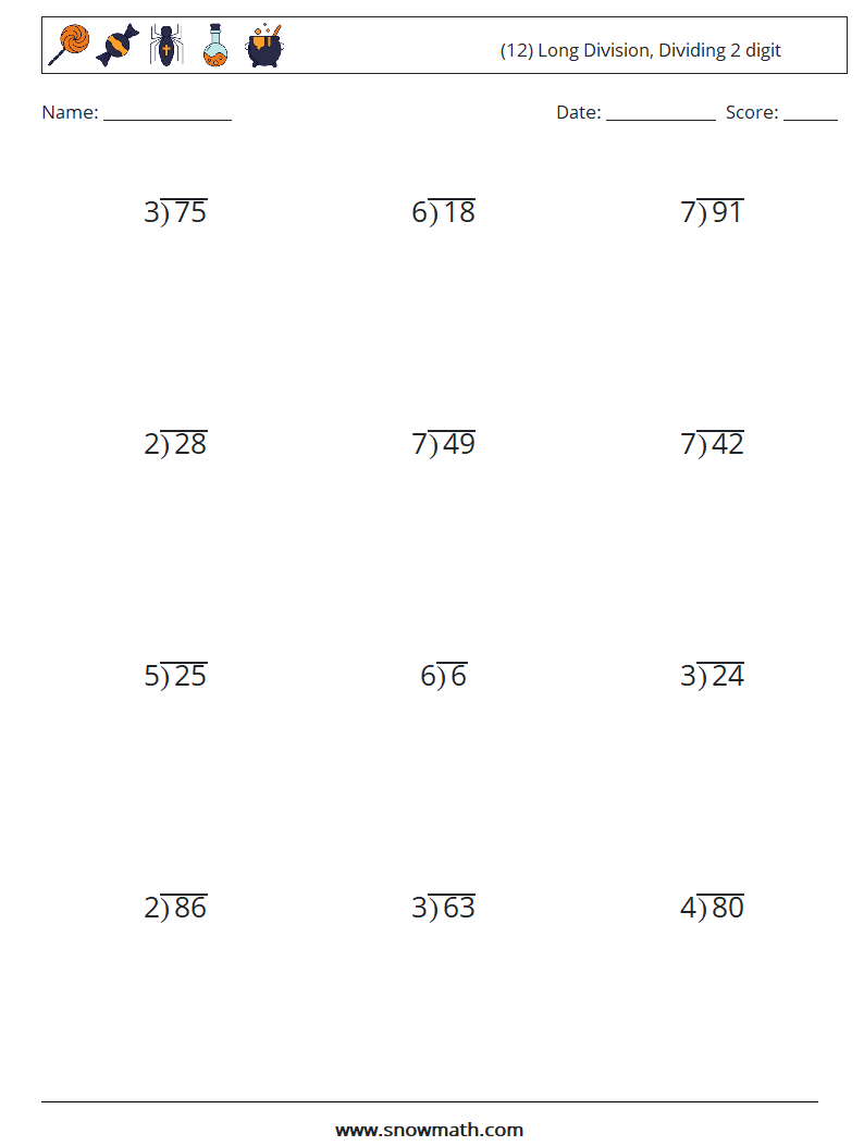 (12) Long Division, Dividing 2 digit Math Worksheets 14