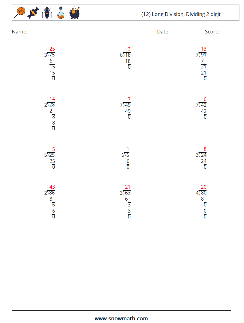 (12) Long Division, Dividing 2 digit Math Worksheets 14 Question, Answer