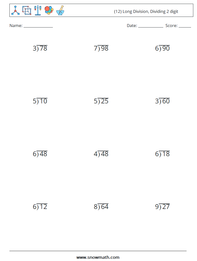 (12) Long Division, Dividing 2 digit Math Worksheets 15