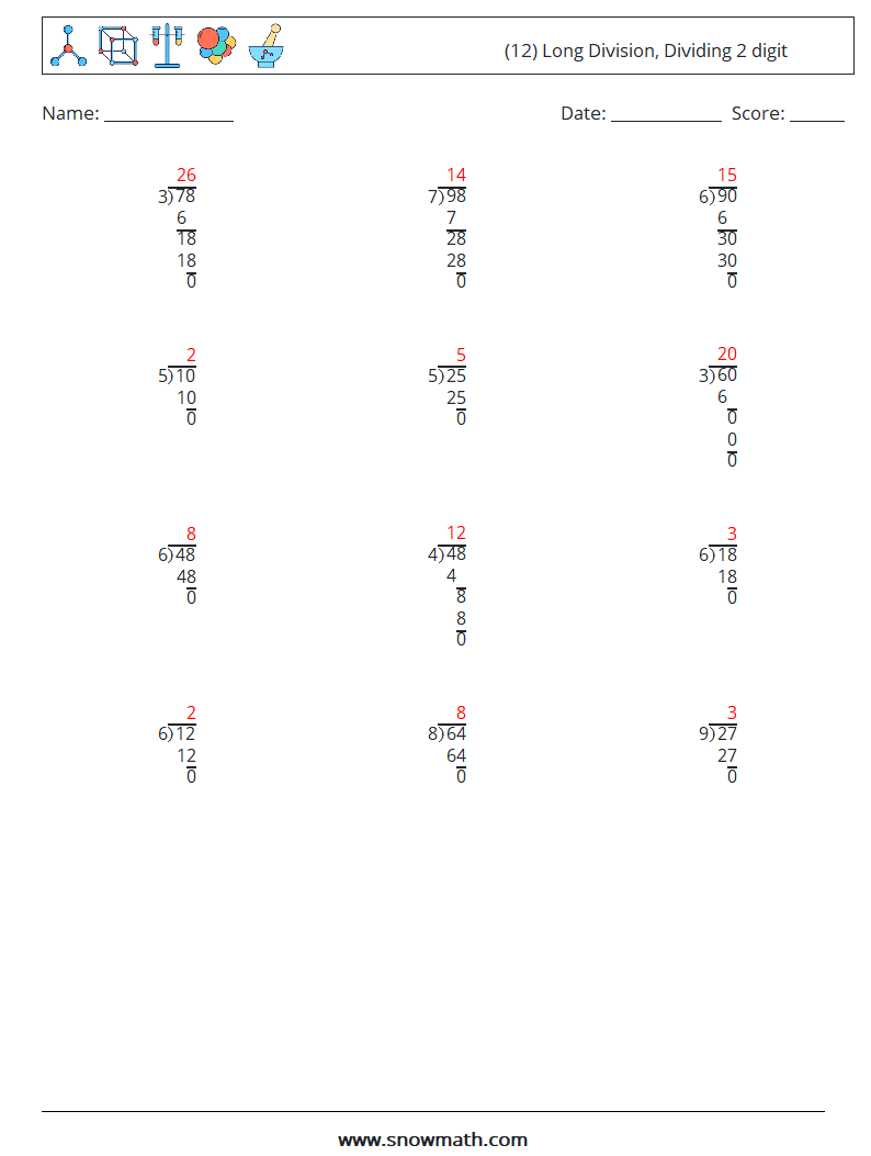 (12) Long Division, Dividing 2 digit Math Worksheets 15 Question, Answer