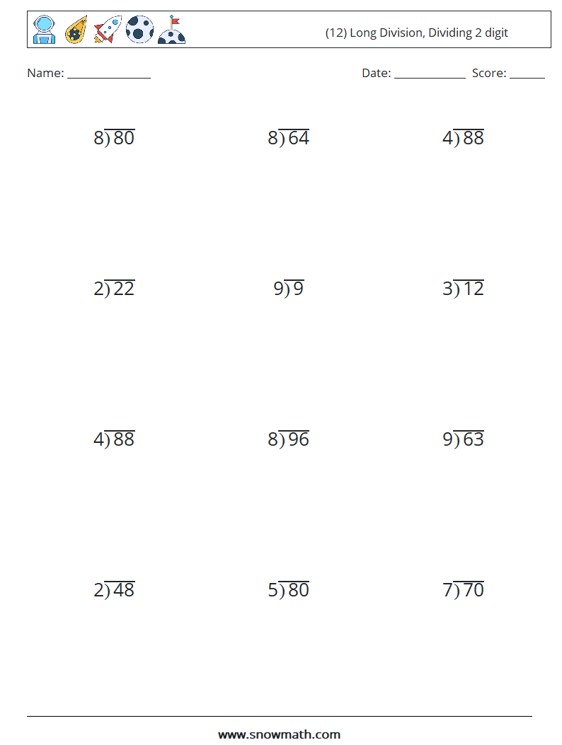 (12) Long Division, Dividing 2 digit Math Worksheets 17