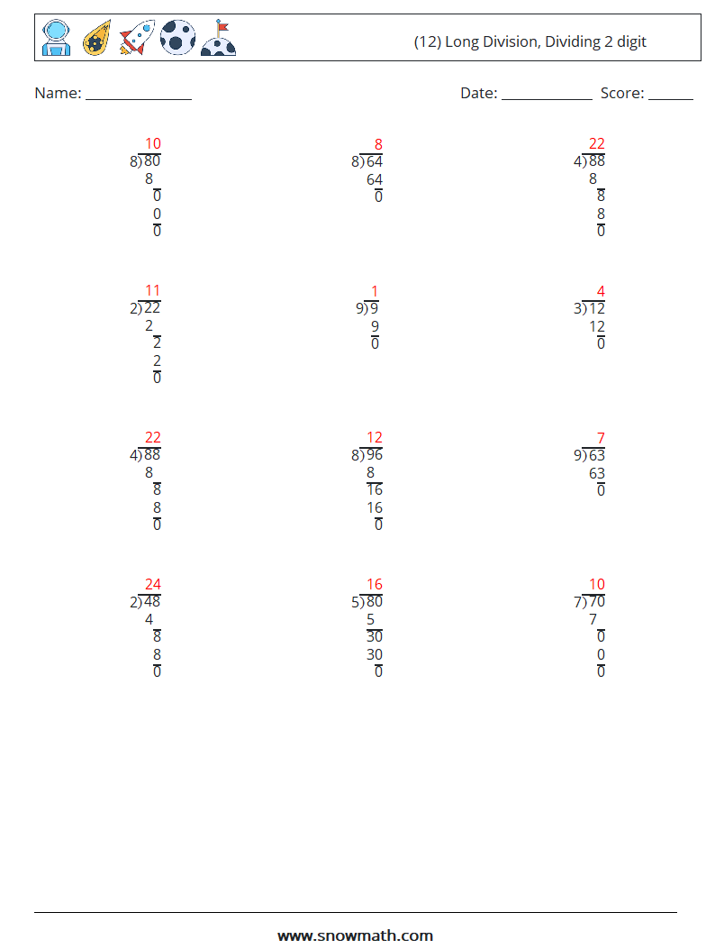 (12) Long Division, Dividing 2 digit Math Worksheets 17 Question, Answer