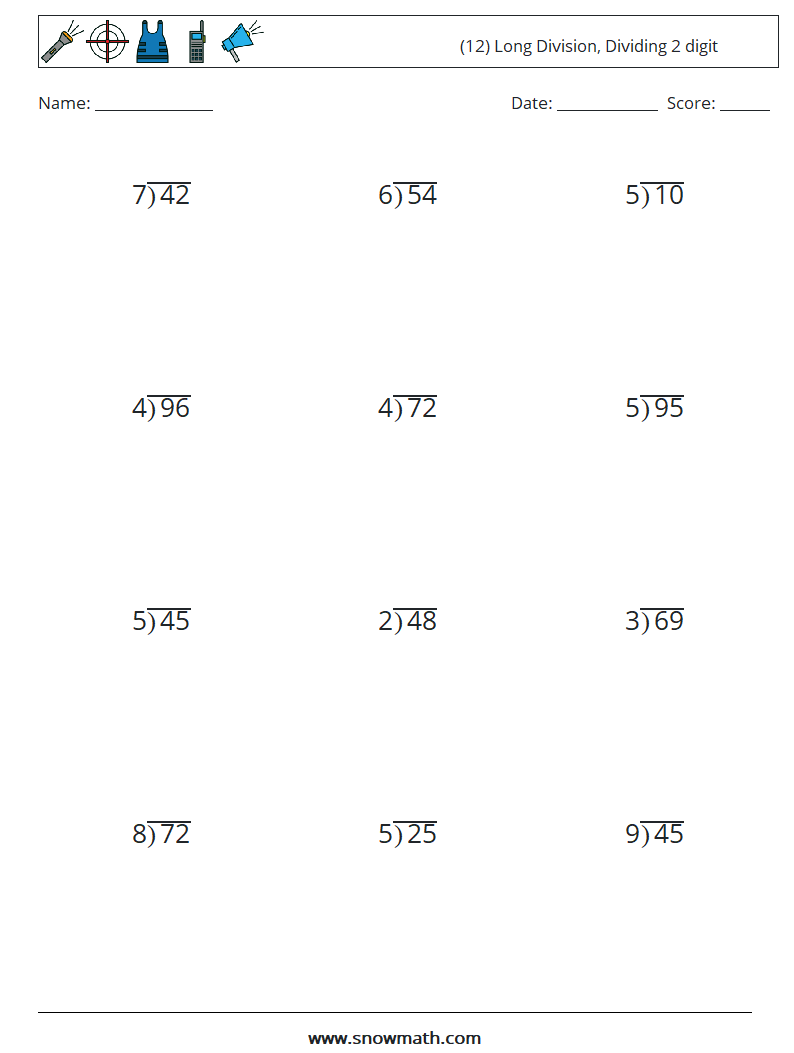 (12) Long Division, Dividing 2 digit Math Worksheets 18