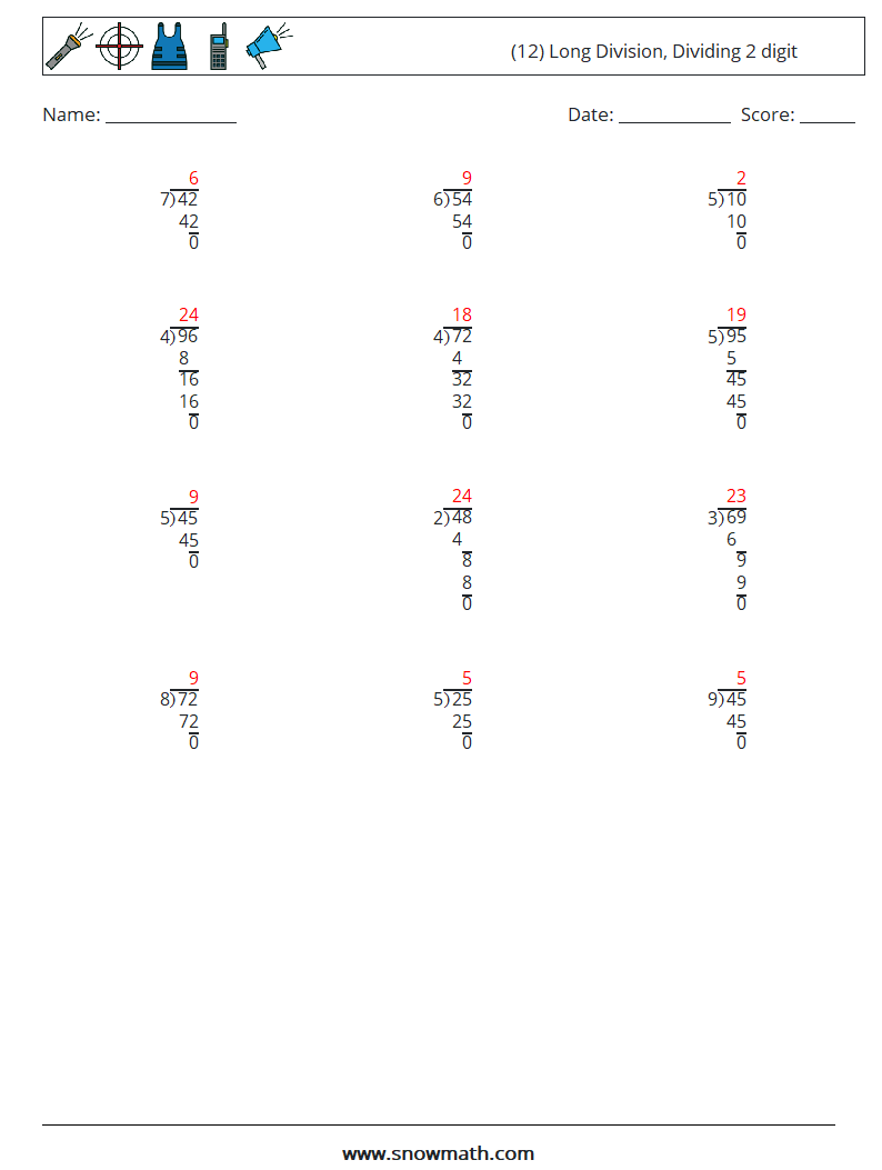(12) Long Division, Dividing 2 digit Math Worksheets 18 Question, Answer