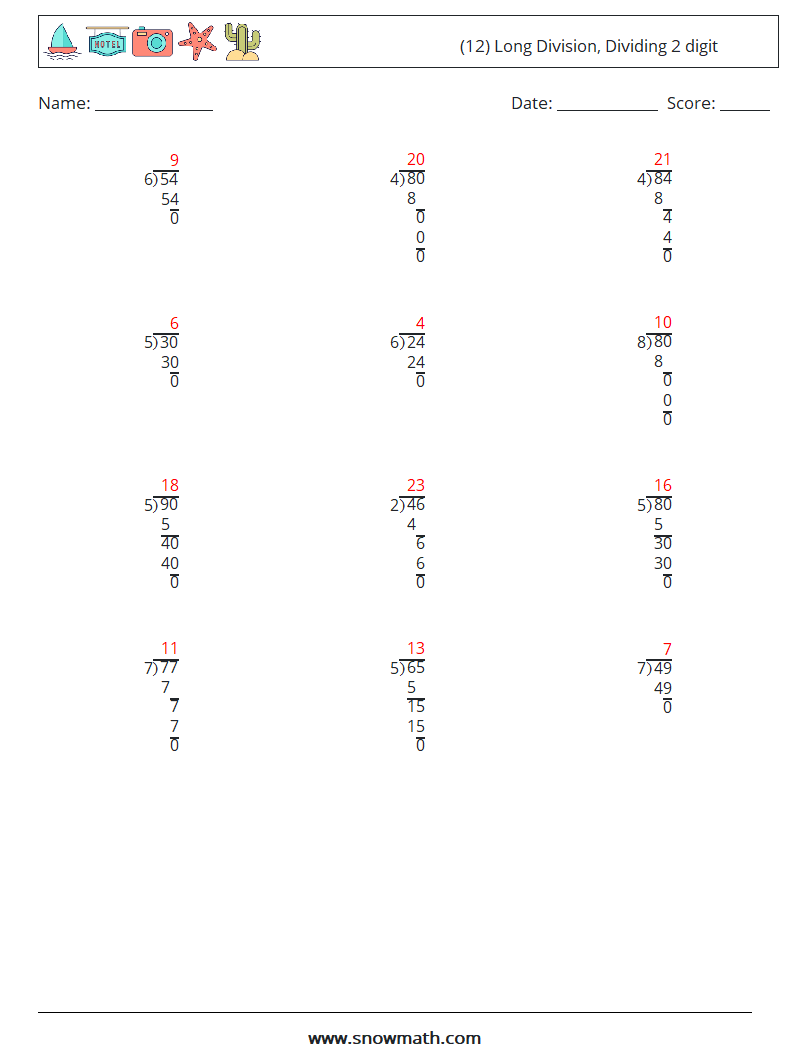 (12) Long Division, Dividing 2 digit Math Worksheets 1 Question, Answer