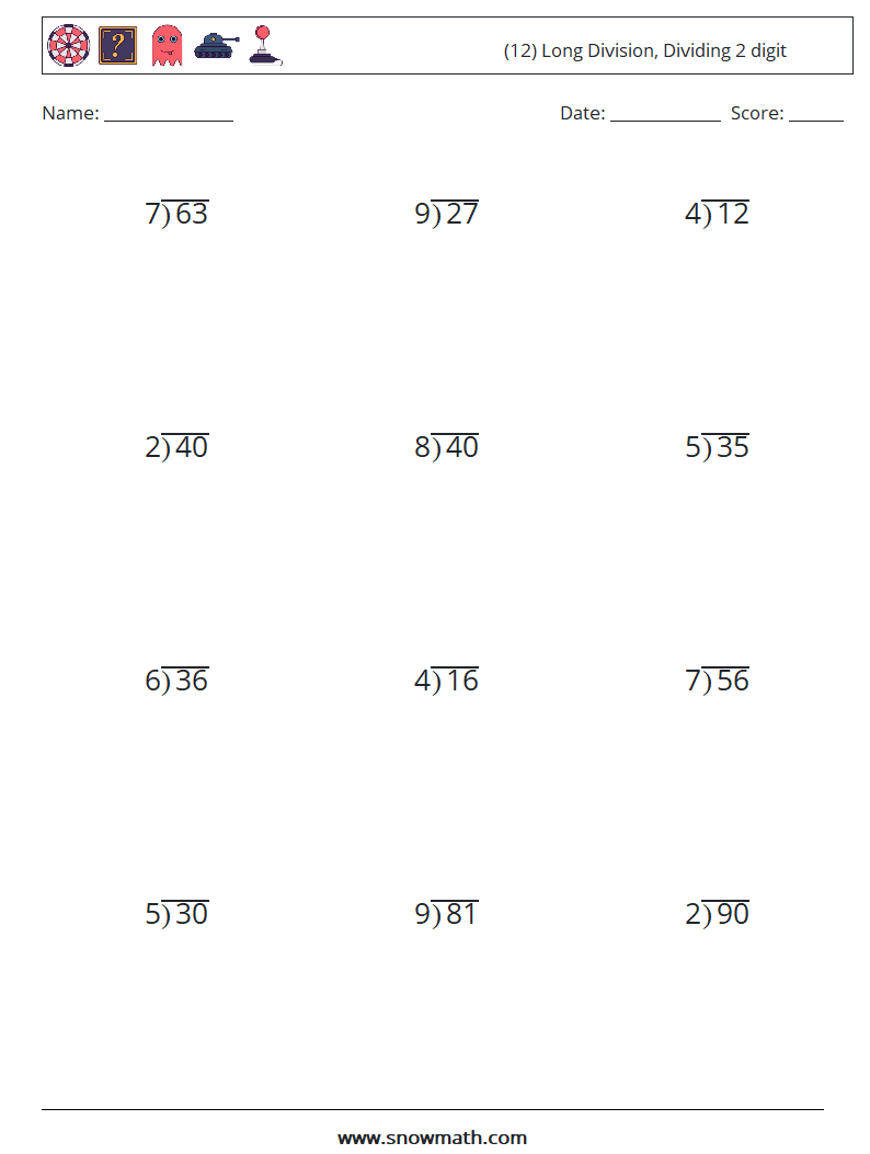 (12) Long Division, Dividing 2 digit Math Worksheets 4