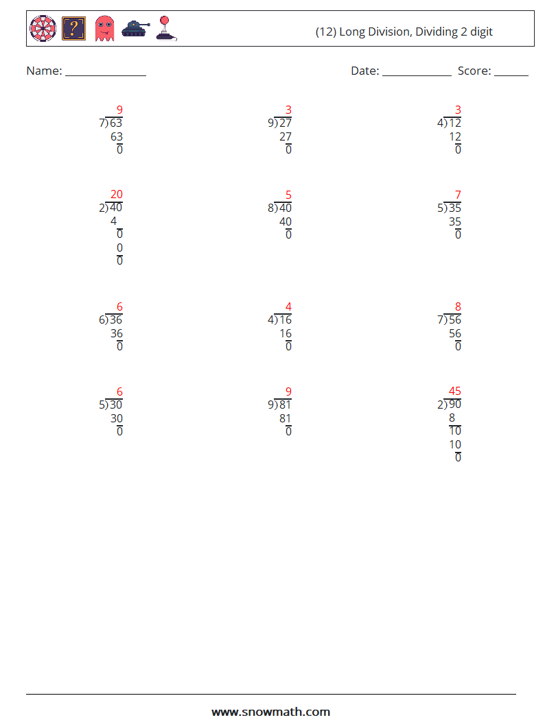 (12) Long Division, Dividing 2 digit Math Worksheets 4 Question, Answer