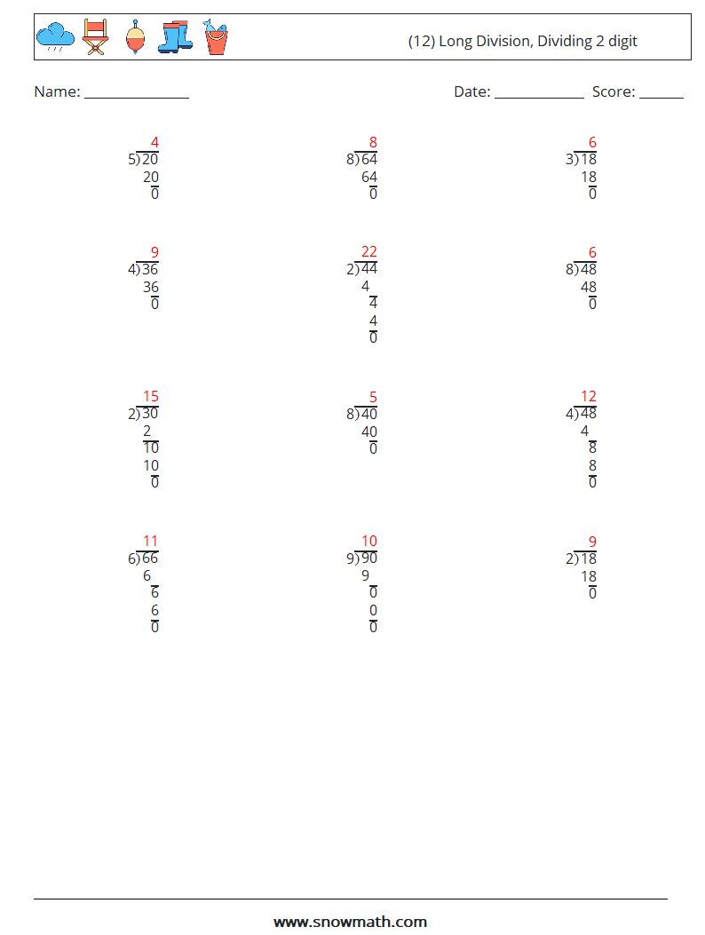 (12) Long Division, Dividing 2 digit Math Worksheets 7 Question, Answer