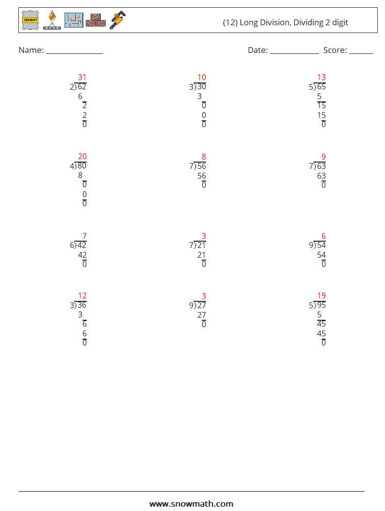 (12) Long Division, Dividing 2 digit Math Worksheets 8 Question, Answer