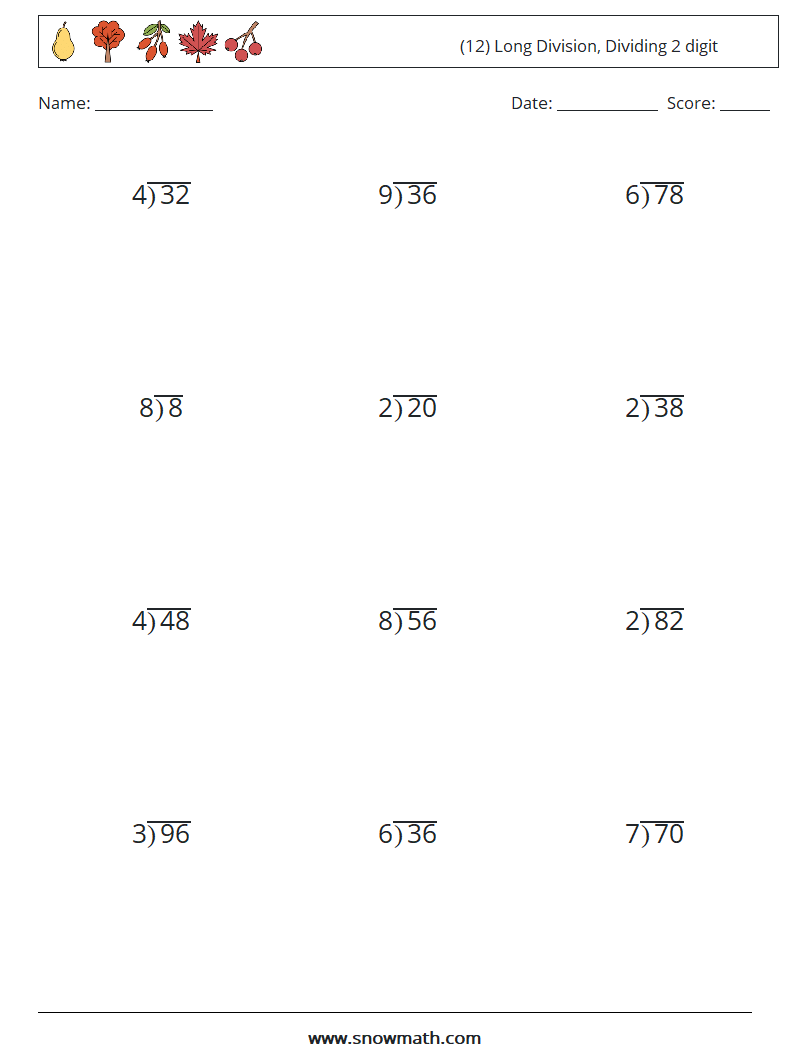 (12) Long Division, Dividing 2 digit Math Worksheets 9