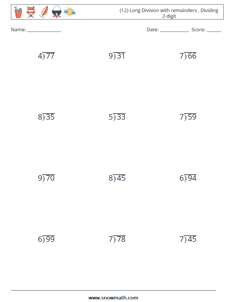 (12) Long Division with remainders , Dividing 2-digit Math Worksheets 1