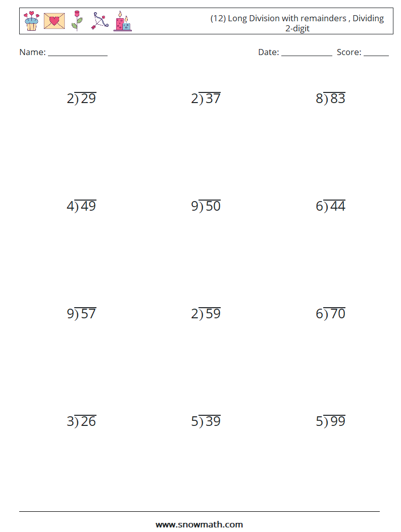 (12) Long Division with remainders , Dividing 2-digit Math Worksheets 10