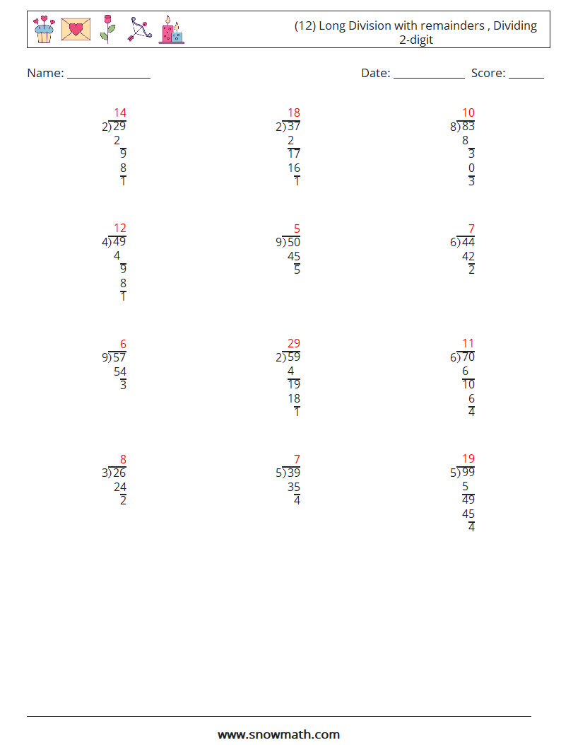 (12) Long Division with remainders , Dividing 2-digit Math Worksheets 10 Question, Answer