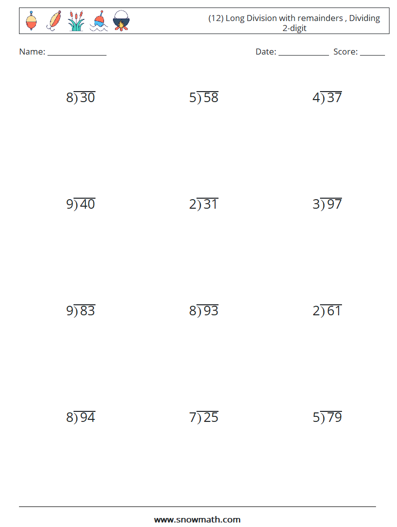 (12) Long Division with remainders , Dividing 2-digit Math Worksheets 11