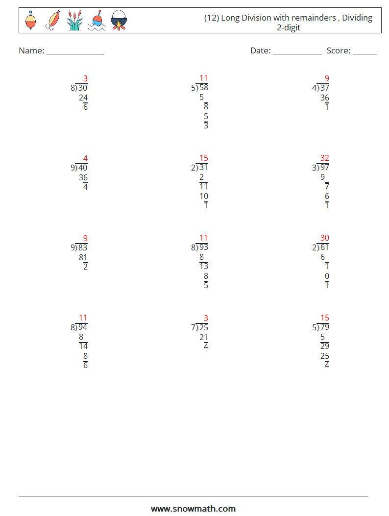 (12) Long Division with remainders , Dividing 2-digit Math Worksheets 11 Question, Answer