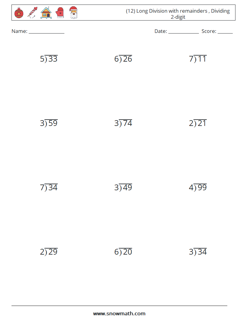 (12) Long Division with remainders , Dividing 2-digit Math Worksheets 12