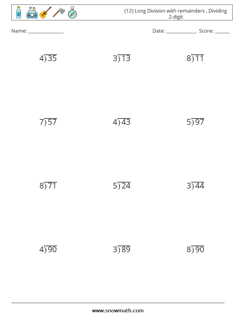 (12) Long Division with remainders , Dividing 2-digit Math Worksheets 13