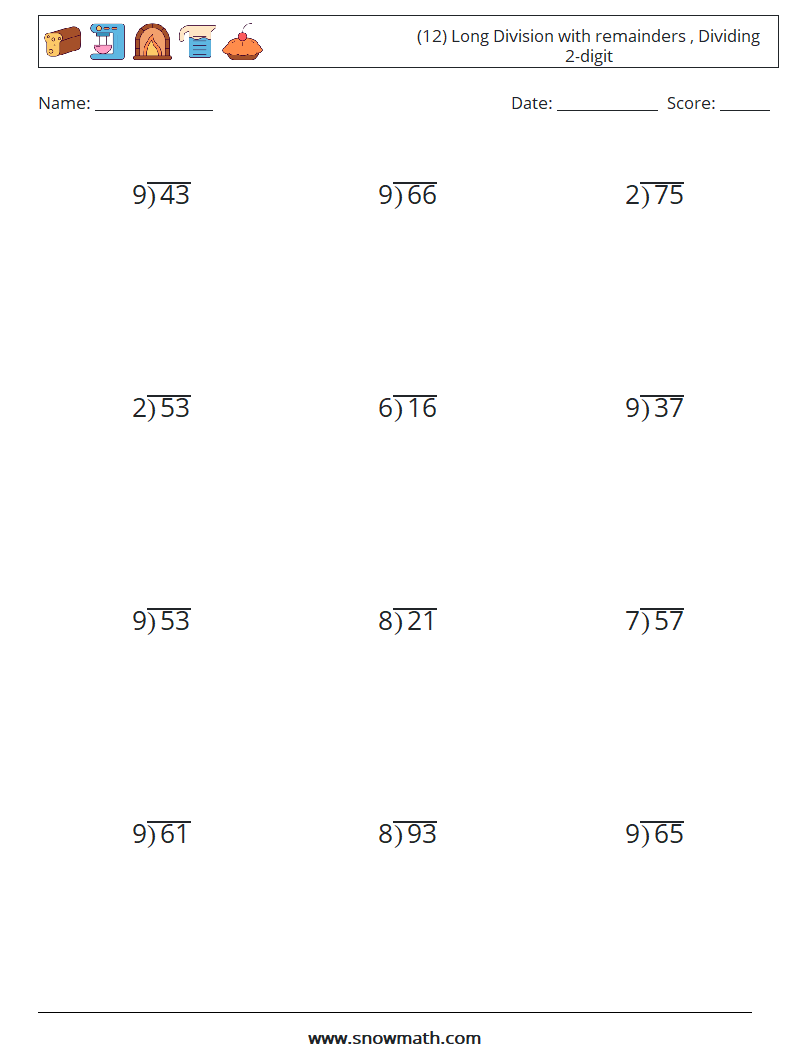 (12) Long Division with remainders , Dividing 2-digit Math Worksheets 14