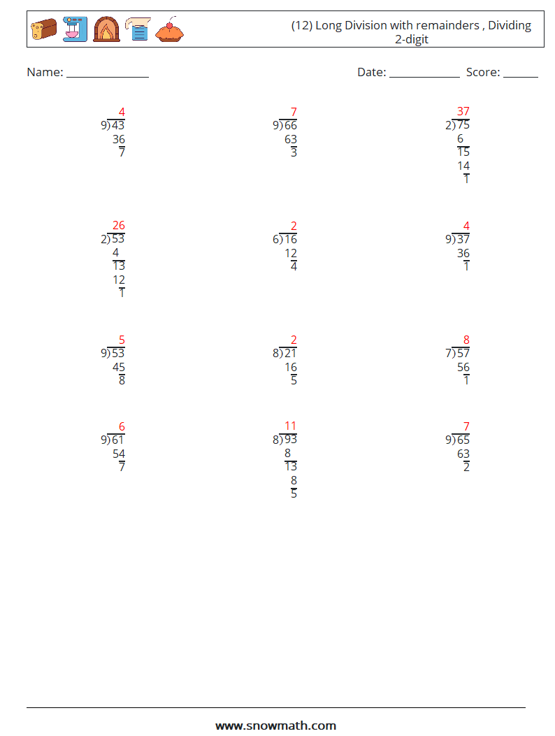 (12) Long Division with remainders , Dividing 2-digit Math Worksheets 14 Question, Answer