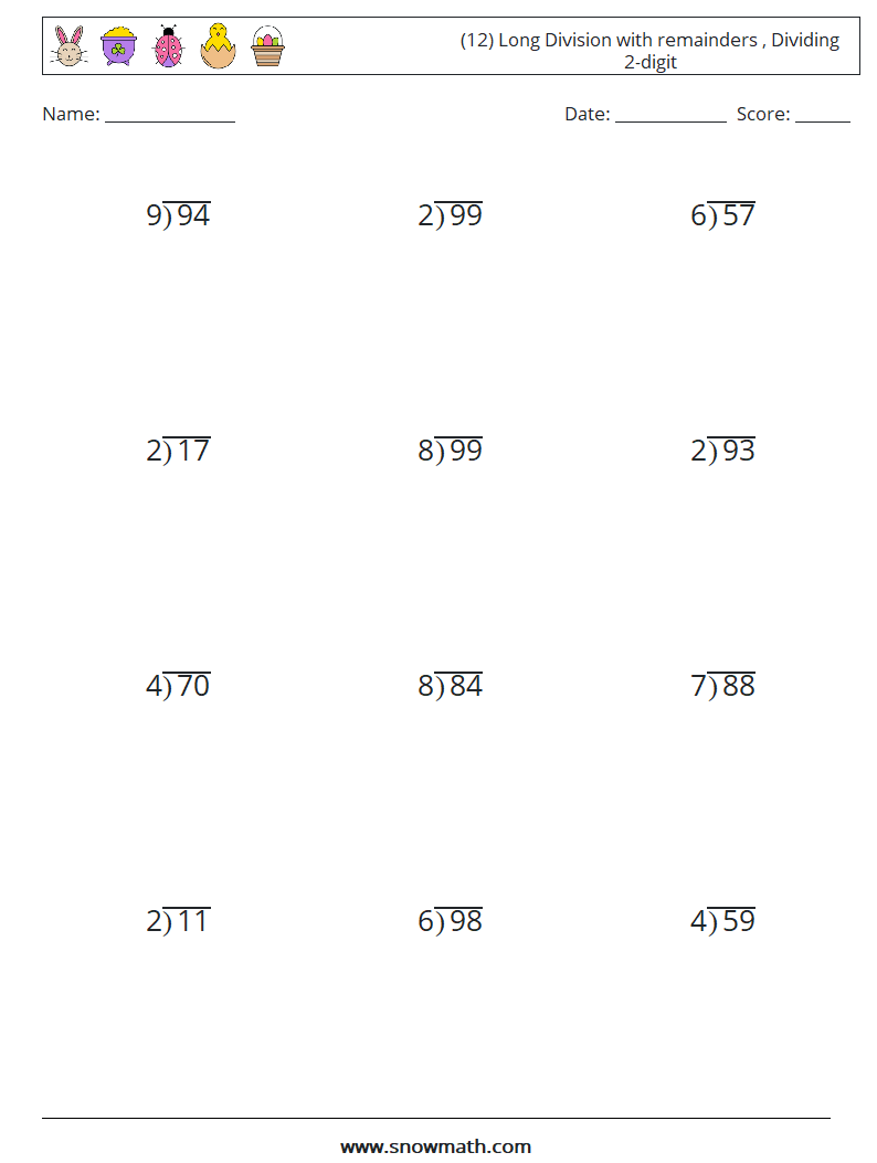 (12) Long Division with remainders , Dividing 2-digit Math Worksheets 15