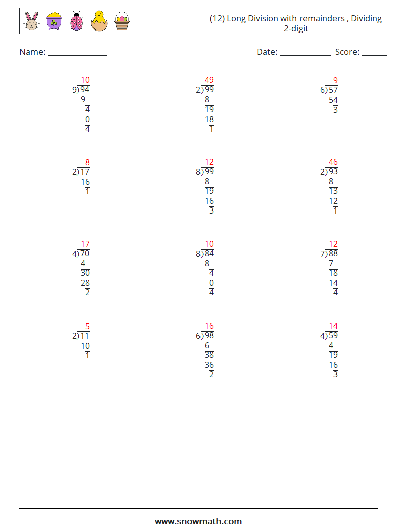 (12) Long Division with remainders , Dividing 2-digit Math Worksheets 15 Question, Answer