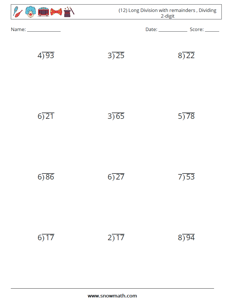 (12) Long Division with remainders , Dividing 2-digit Math Worksheets 16