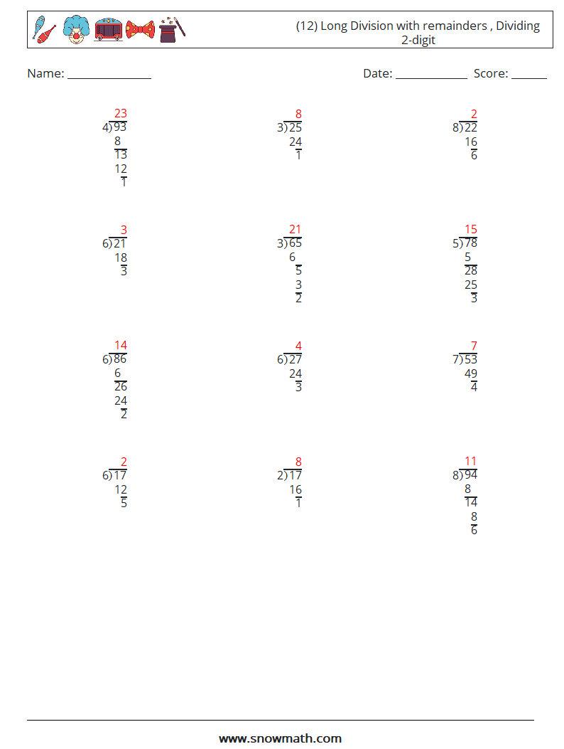 (12) Long Division with remainders , Dividing 2-digit Math Worksheets 16 Question, Answer