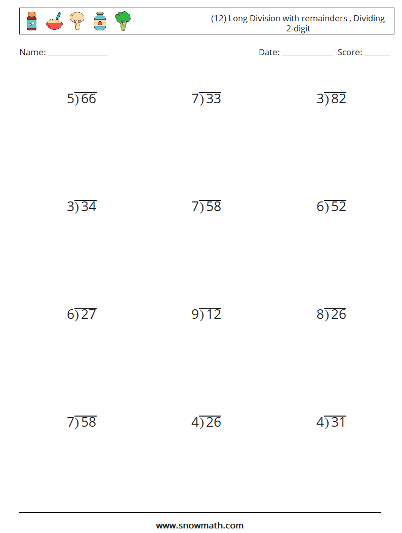 (12) Long Division with remainders , Dividing 2-digit Math Worksheets 17