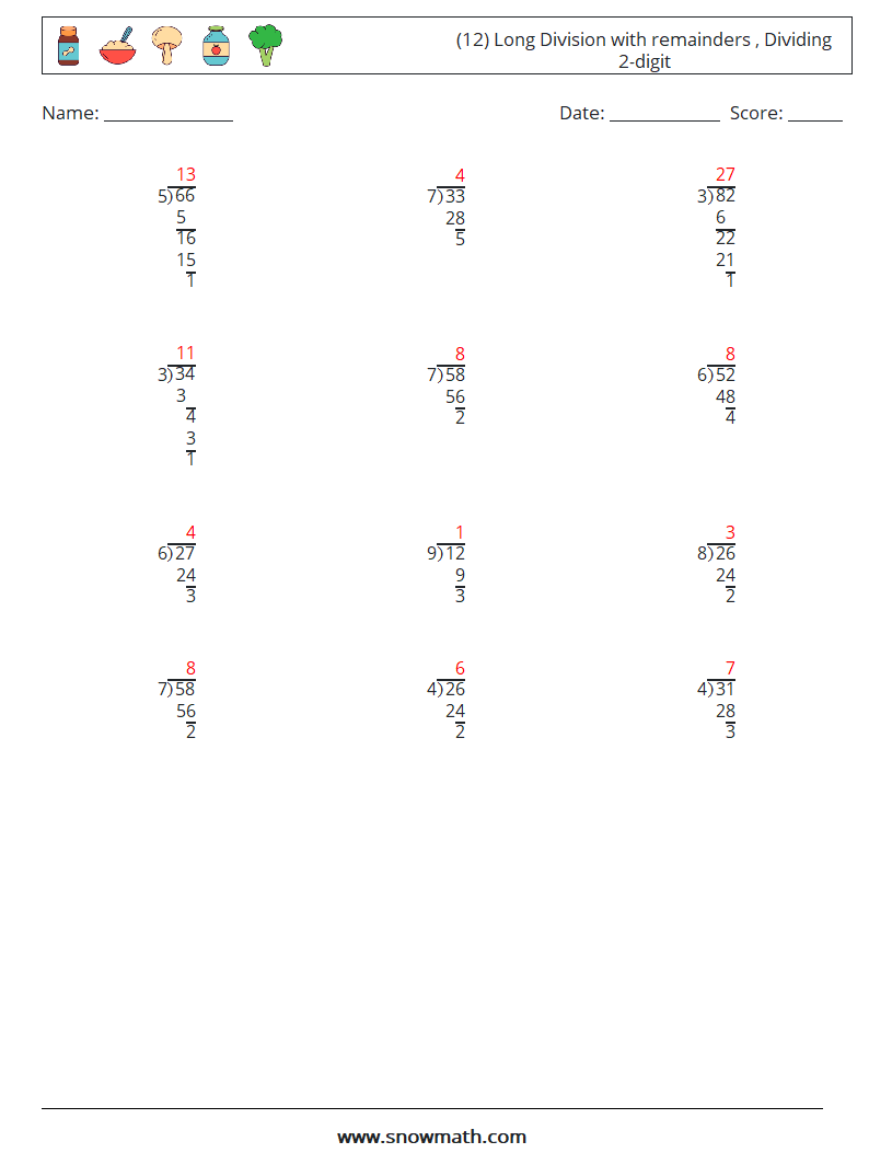 (12) Long Division with remainders , Dividing 2-digit Math Worksheets 17 Question, Answer