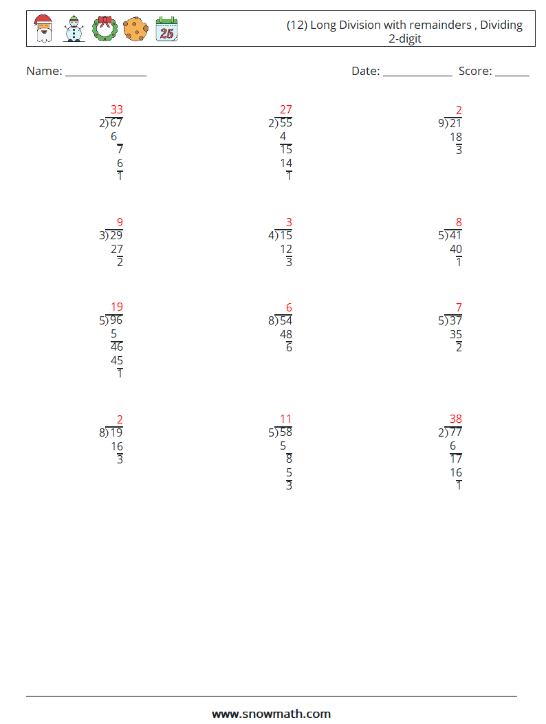 (12) Long Division with remainders , Dividing 2-digit Math Worksheets 18 Question, Answer