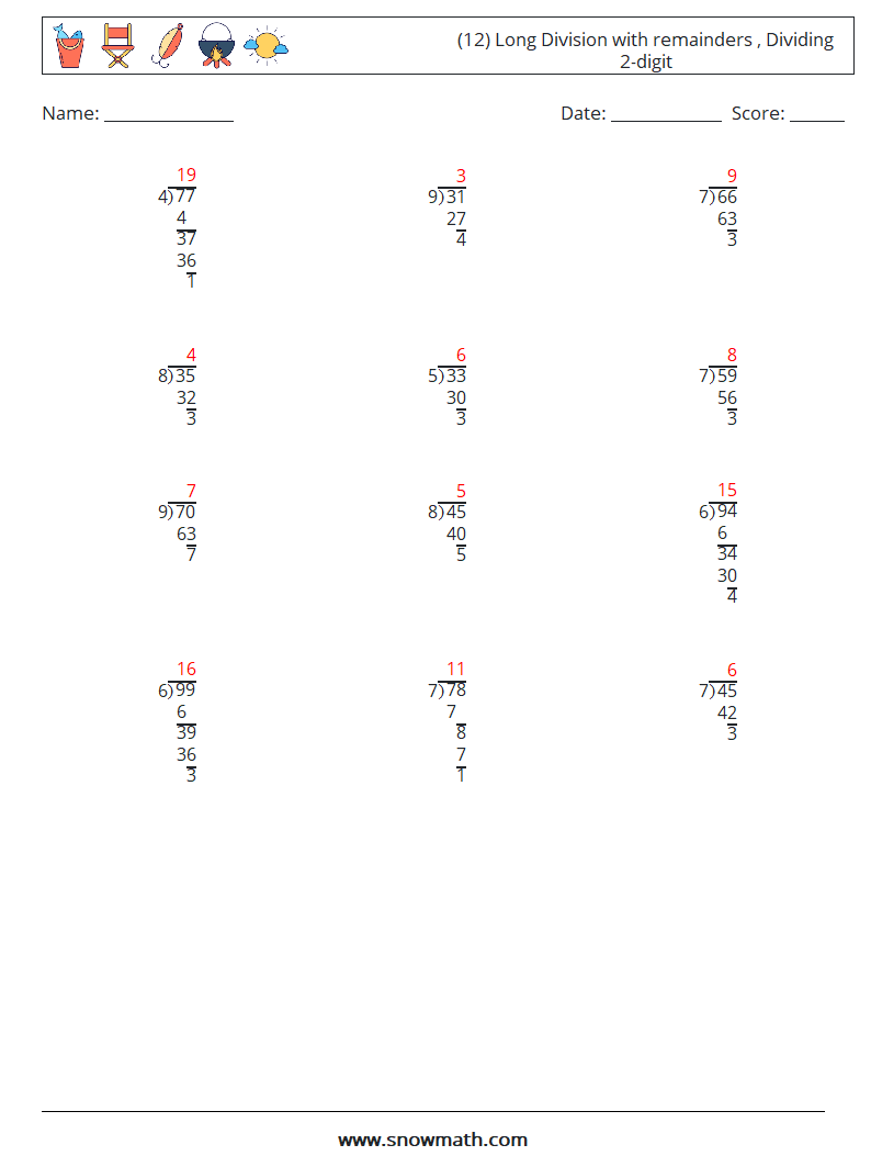 (12) Long Division with remainders , Dividing 2-digit Math Worksheets 1 Question, Answer