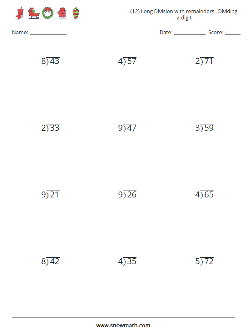 (12) Long Division with remainders , Dividing 2-digit Math Worksheets 2