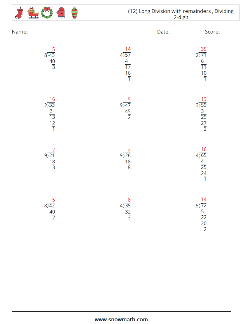(12) Long Division with remainders , Dividing 2-digit Math Worksheets 2 Question, Answer