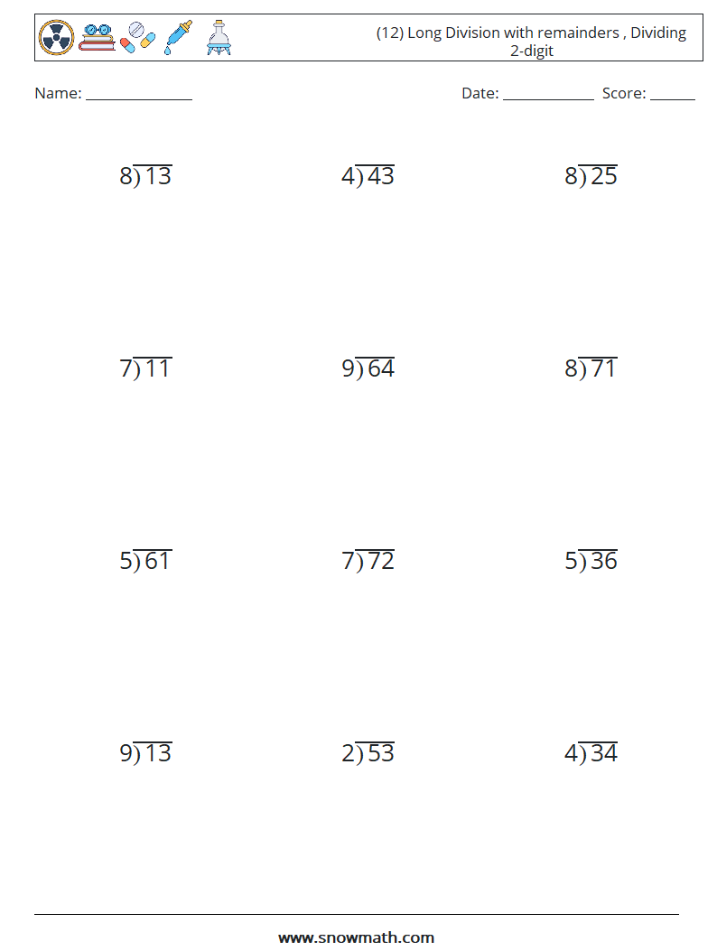 (12) Long Division with remainders , Dividing 2-digit Math Worksheets 3
