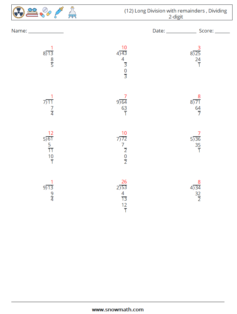 (12) Long Division with remainders , Dividing 2-digit Math Worksheets 3 Question, Answer