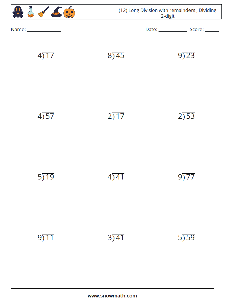 (12) Long Division with remainders , Dividing 2-digit Math Worksheets 4