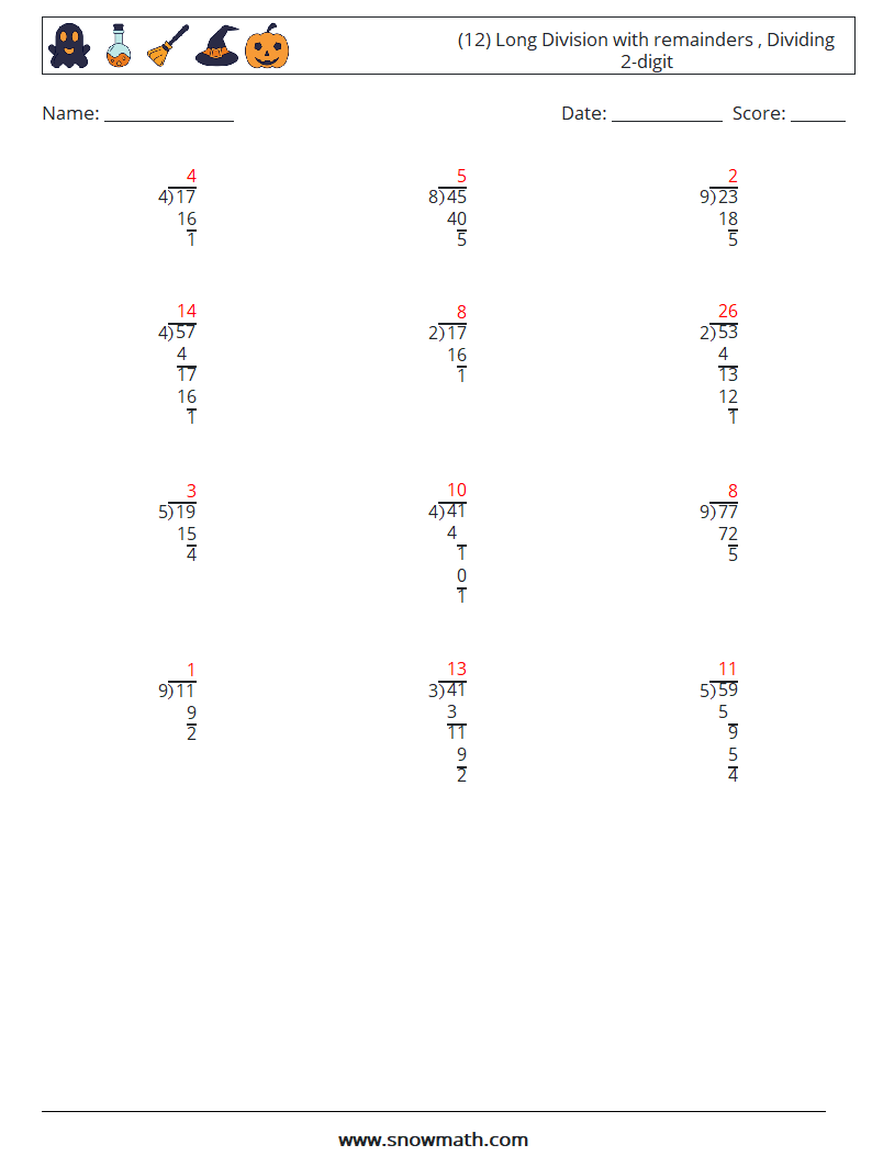 (12) Long Division with remainders , Dividing 2-digit Math Worksheets 4 Question, Answer