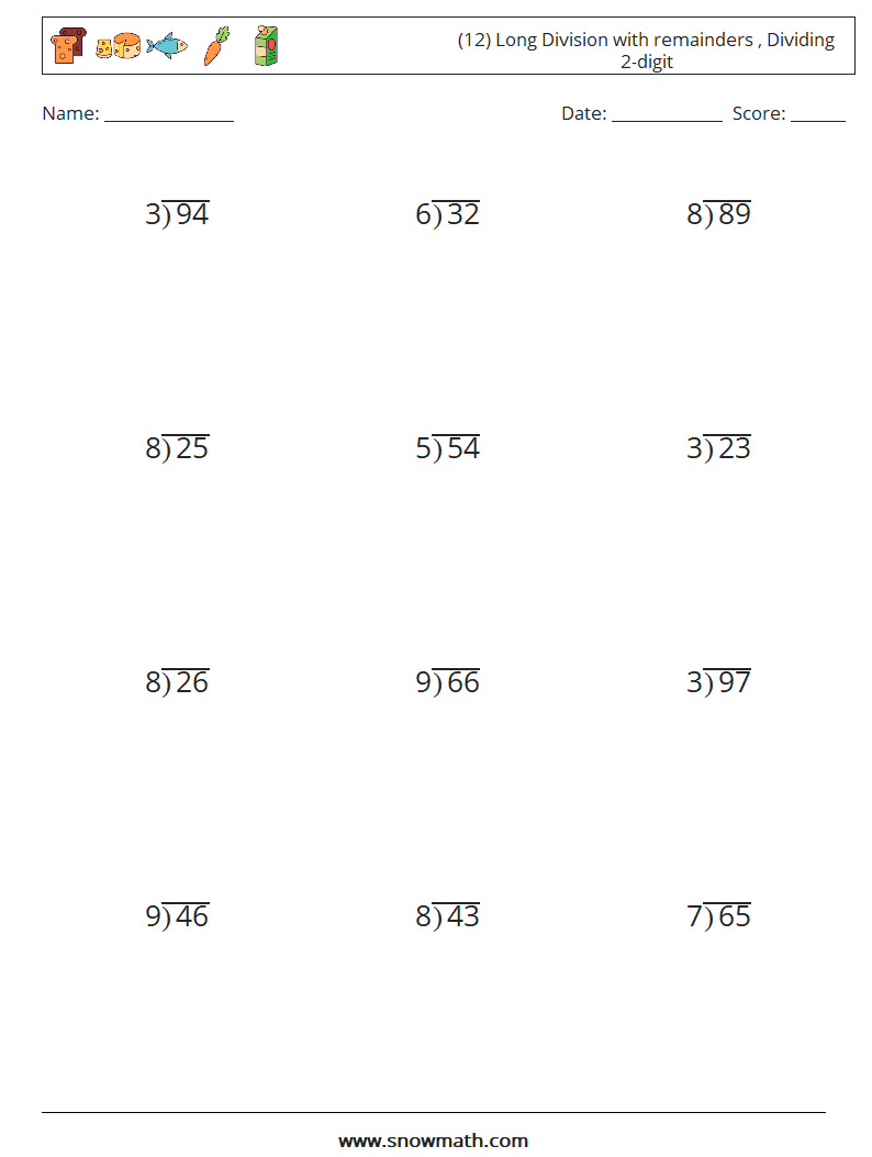 (12) Long Division with remainders , Dividing 2-digit Math Worksheets 5