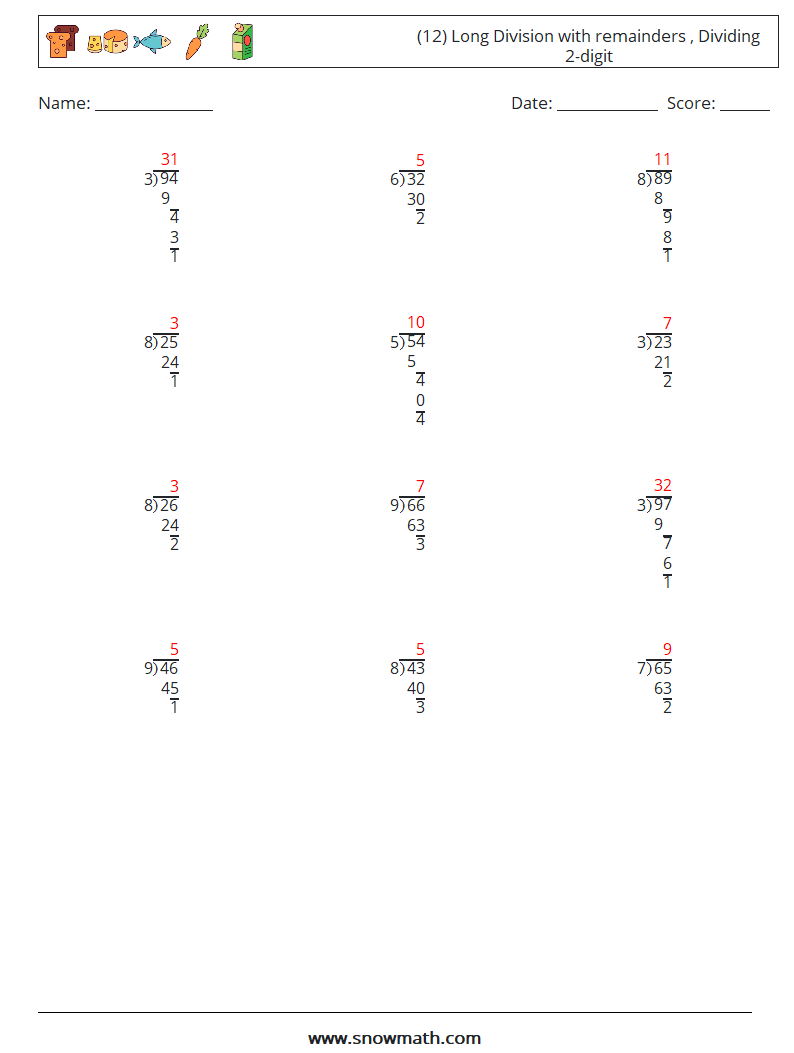 (12) Long Division with remainders , Dividing 2-digit Math Worksheets 5 Question, Answer