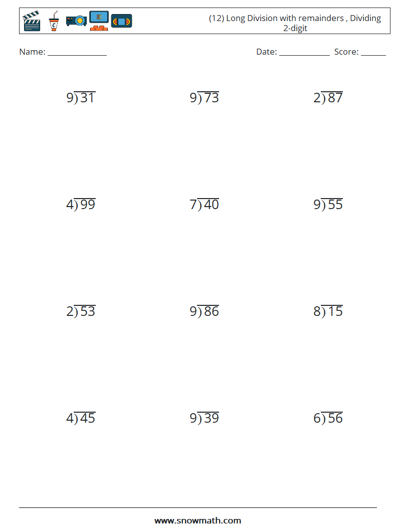 (12) Long Division with remainders , Dividing 2-digit Math Worksheets 6