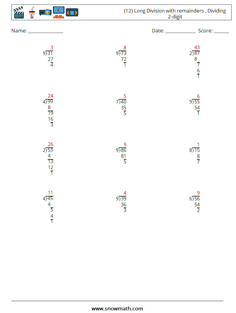 (12) Long Division with remainders , Dividing 2-digit Math Worksheets 6 Question, Answer