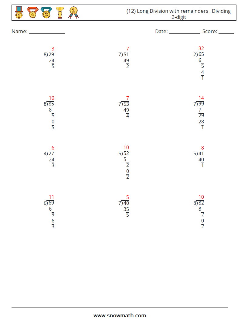 (12) Long Division with remainders , Dividing 2-digit Math Worksheets 7 Question, Answer