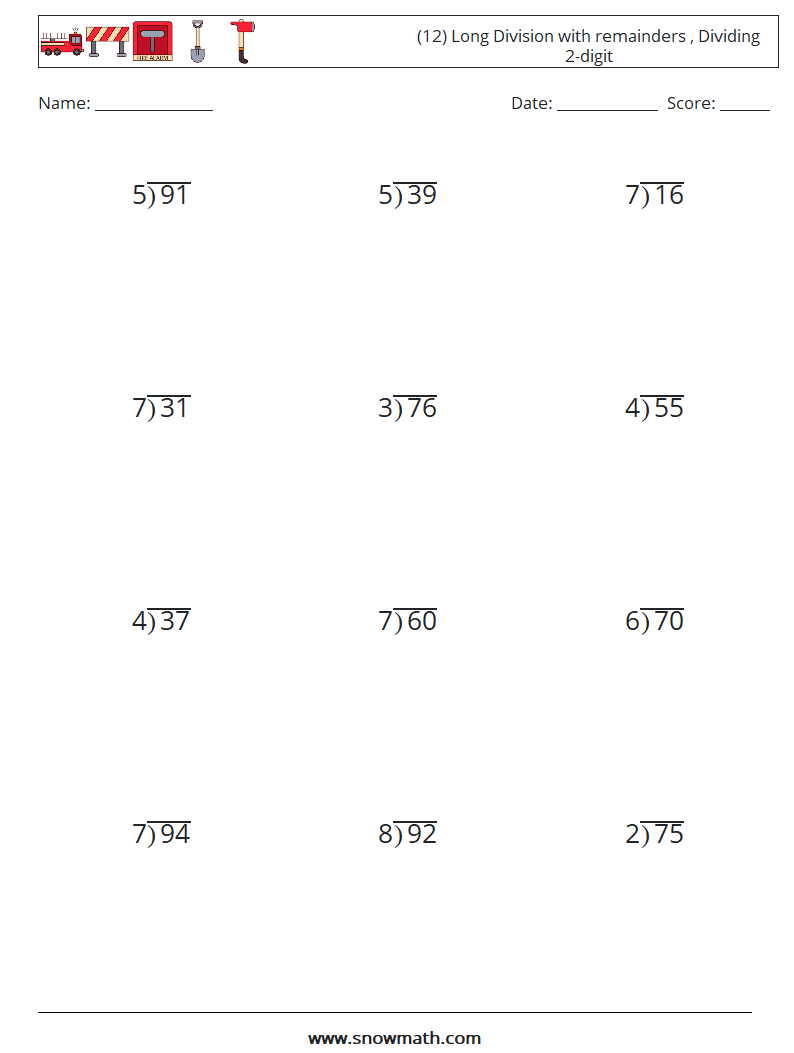 (12) Long Division with remainders , Dividing 2-digit Math Worksheets 8
