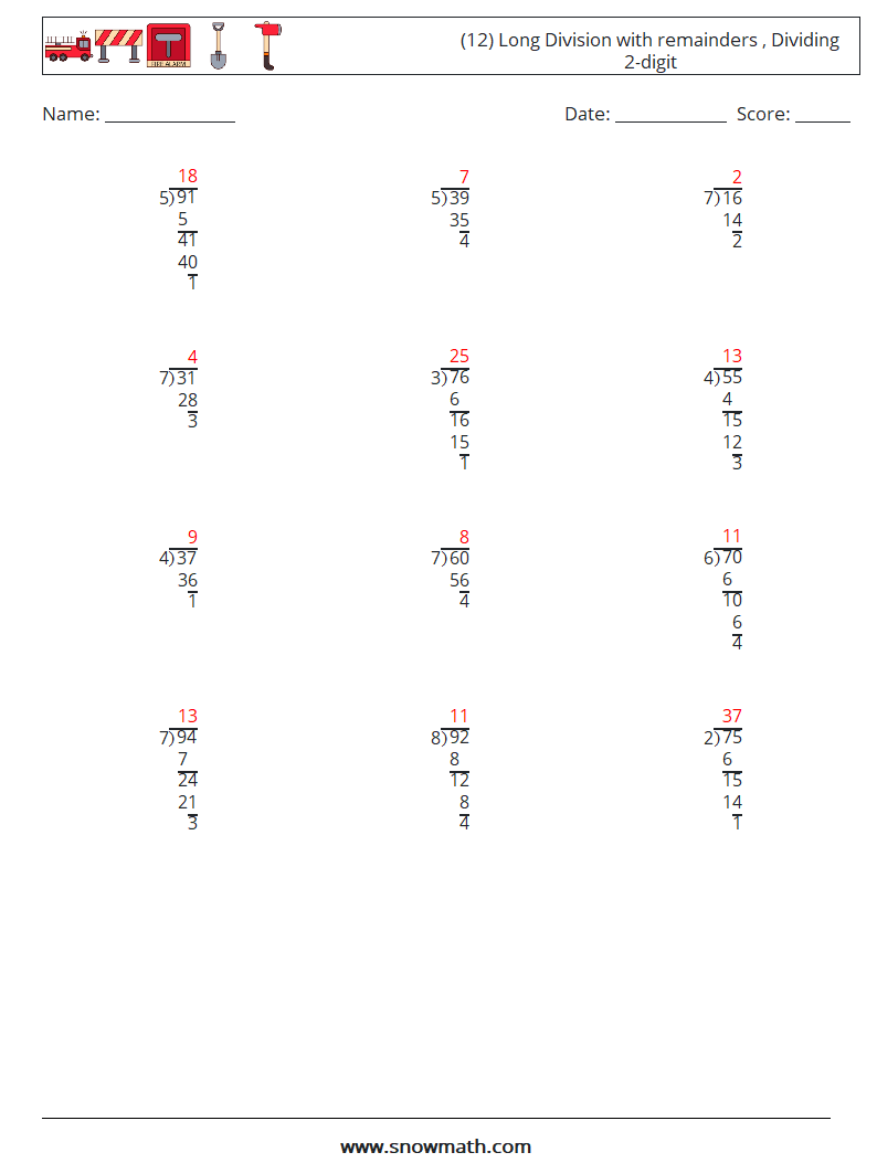 (12) Long Division with remainders , Dividing 2-digit Math Worksheets 8 Question, Answer
