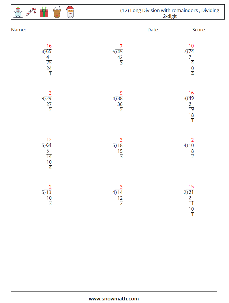 (12) Long Division with remainders , Dividing 2-digit Math Worksheets 9 Question, Answer